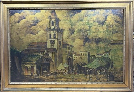 M. Zayas oil on board street scene by M. Zayas