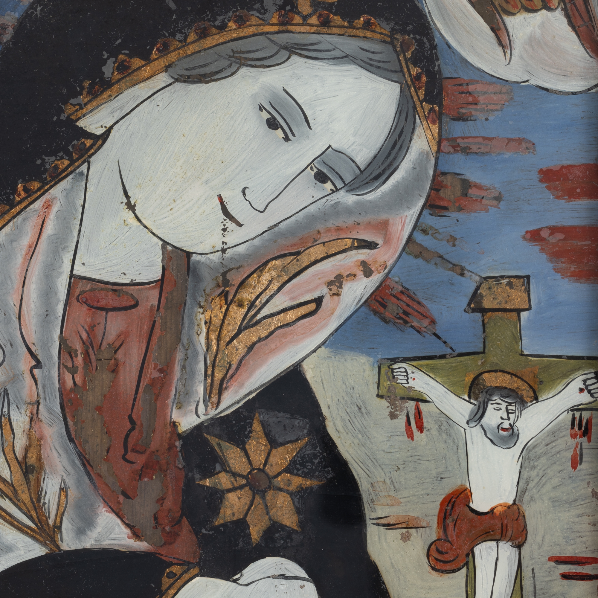 Artwork by Petru Prodan, The Sorrowful Mother of God, Made of Tempera and gold leaf on glaze, gilded frame, with string