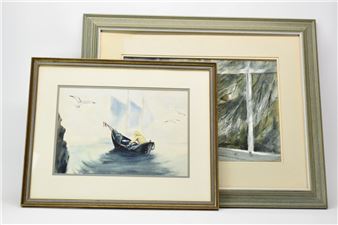 Vintage Watercolor on Paper of Fisherman and His Boat - George Bjorkland