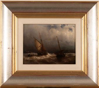 Oficina holandesa Marinha Óleo sobre madeira Assinado "L. Mayer" Dim. aprox: 15 x 20 cm Emoldurado - L. Mayer