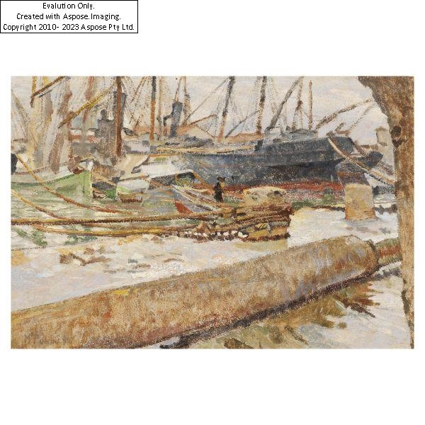 Artwork by Mario Puccini, BOATS AT THE PIER, Made of oil on cardboard