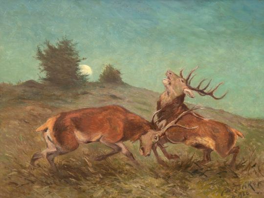 "Kämpfende Hirsche bei Vollmond" - Carl Deiker