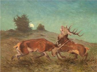 &quot;Kämpfende Hirsche bei Vollmond&quot; - Carl Deiker
