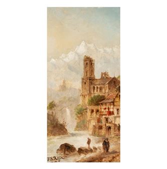 Town Scene with Waterfall and Figures - Felice Auguste Rezia