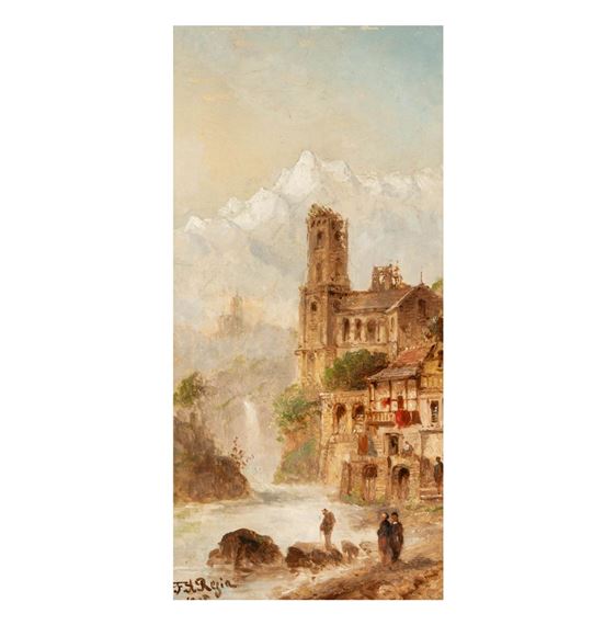 Town Scene with Waterfall and Figures - Felice Auguste Rezia