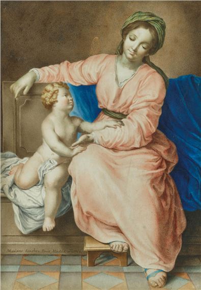 Mariano Ramòn Sanchez | The Madonna sitting on a stone bench with the ...