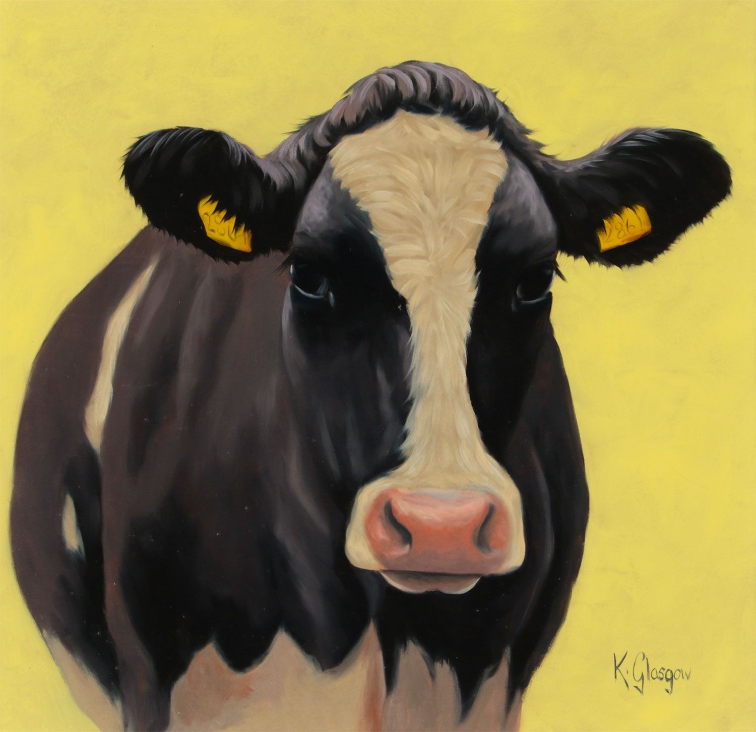 Artwork by Keith Glasgow, FRIESIAN COW ON YELLOW, Made of OIL ON BOARD