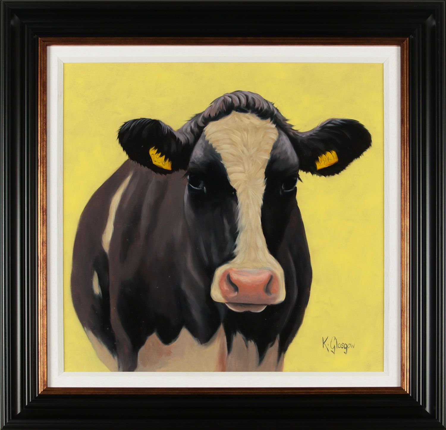 Artwork by Keith Glasgow, FRIESIAN COW ON YELLOW, Made of OIL ON BOARD