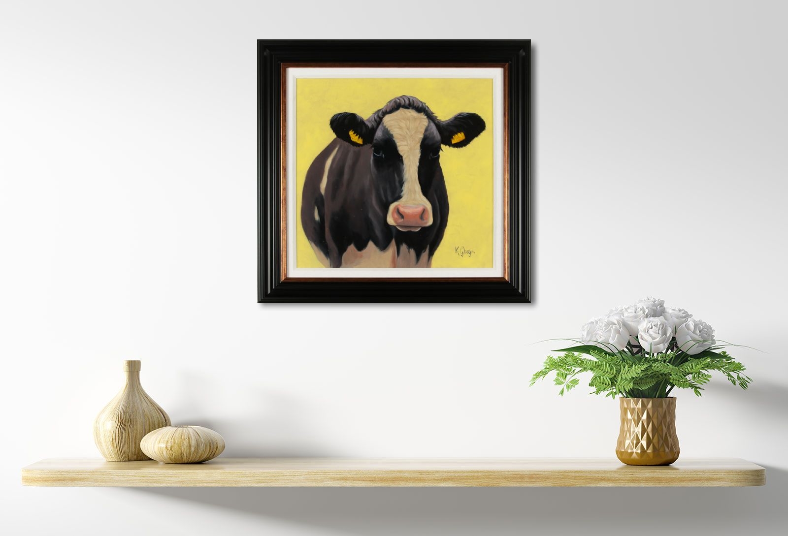 Artwork by Keith Glasgow, FRIESIAN COW ON YELLOW, Made of OIL ON BOARD