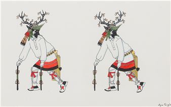 A symmetrical illustration of two identical figures in traditional attire, each with a deer head and holding a staff.