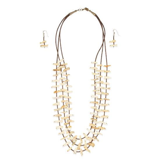 A three-strand fetish necklace with birds, bears, fish, foxes, turtles, and other animals, and pair of matching earrings by Peter and Dinah Gasper