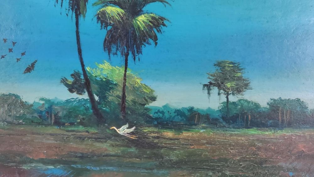 Artwork by Alfred Hair, Moonlit Backwater Landscape with Heron, Made of Oil on board