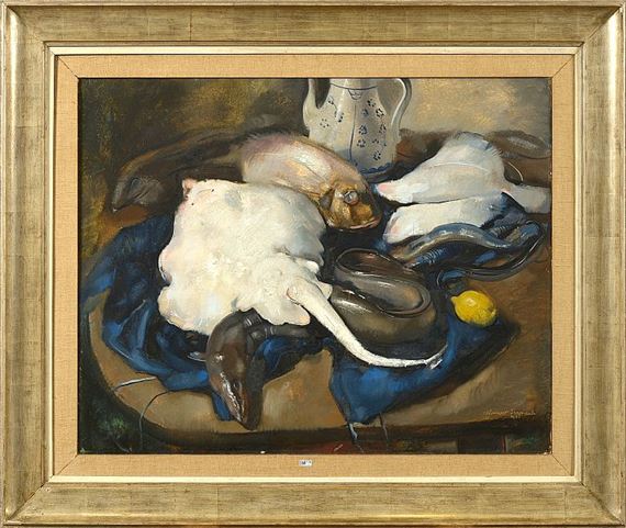 Huile sur toile «Nature morte aux poissons» by Clement Serneels, daté 1938