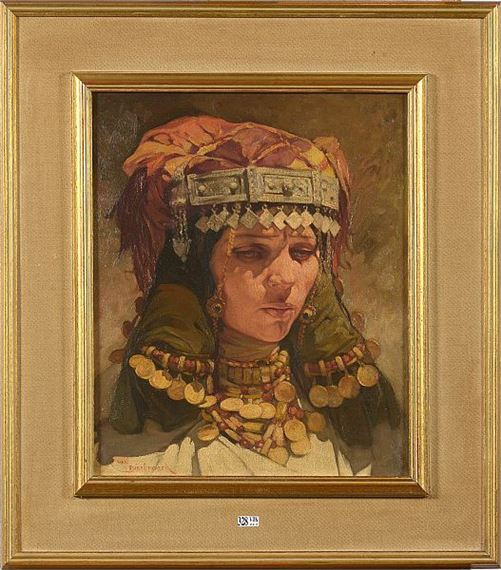 Huile sur carton entoilé «Portrait d’une femme berbère» by Jules-Pierre van Biesbroeck
