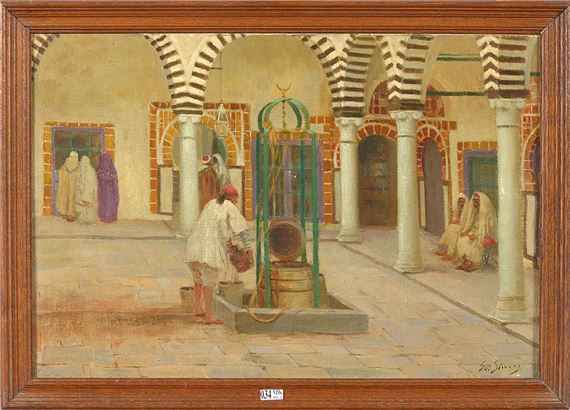 Huile sur toile «Puits animé dans un intérieur orientaliste» by Gustave-Max Stevens