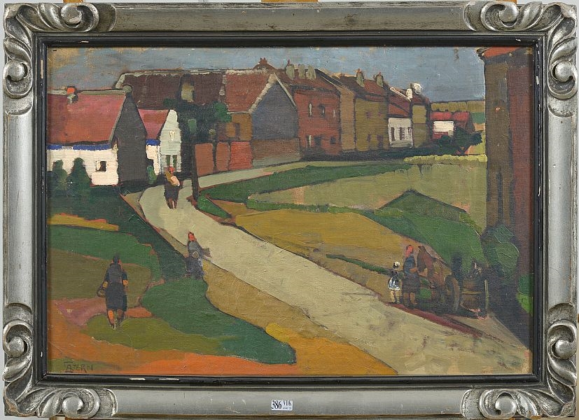 Artwork by Arno Stern, Huile sur toile marouflée sur panneau «Vue de village animé», Made of Oil on canvas mounted on panel