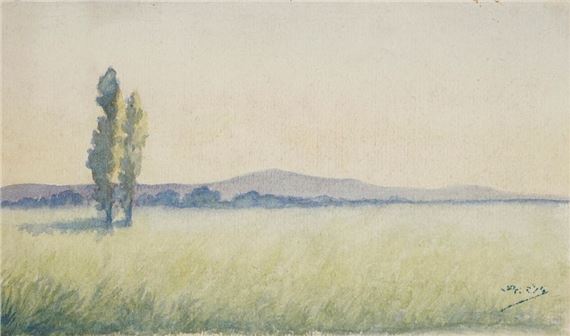 OSBERT Alphonse, 1857-1939 Landscape with two poplars watercolor initials stamped lower right 14 x 23 by Alphonse Osbert, 1857-1939