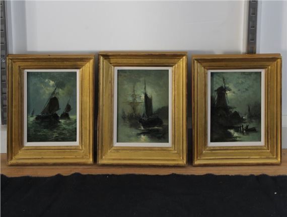 Three oil paintings of moonlit scenes, fishing boat at sea, fishing boat in harbour and windmill by Edward Moerenhout