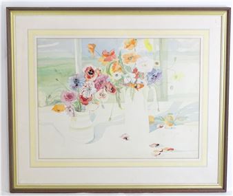 A still life study of poppies on a windowsill - Elizabeth Jane Lloyd