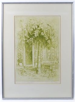 A thC Joan Bates trial proof etching titled French Terrace - Joan Bates