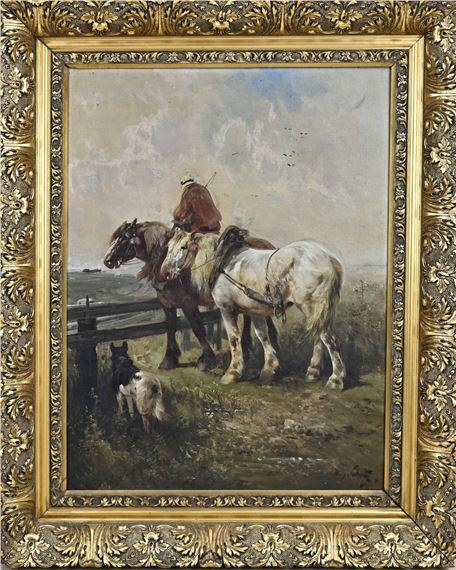 Boer met trekpaarden en hond by Henry Schouten