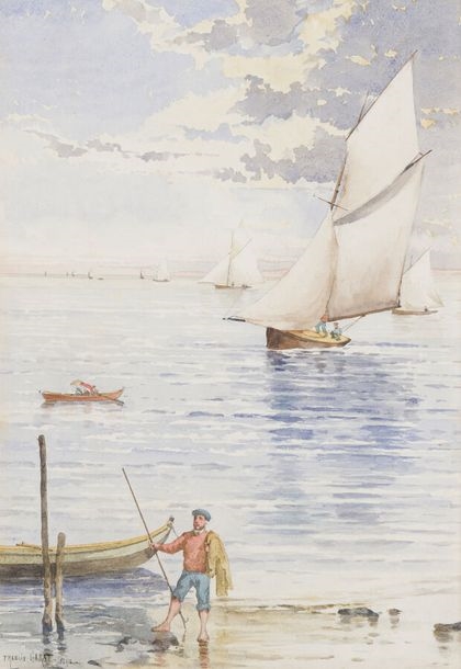 Artwork by Francis Garat, Fishermen on the Arcachon Basin, Made of Watercolor