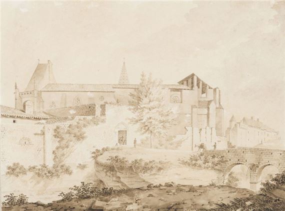 Vue pittoresque (sic) d'une des portes et de l'église principale de Saint-Emilion (picturesque view of one of the gates and the main church of Saint-Emilion) Pen and sepia wash drawing. Presented on its antique blue laid paper mount - Charles-Jacques Fieffé Montgey de Lièvreville