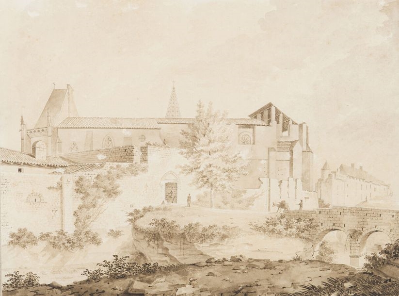 Artwork by Charles-Jacques Fieffé Montgey de Lièvreville, Vue pittoresque (sic) d'une des portes et de l'église principale de Saint-Emilion (picturesque view of one of the gates and the main church of Saint-Emilion) Pen and sepia wash drawing. Presented on its antique blue laid paper mount, Made of Pen and sepia wash