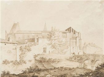 Vue pittoresque (sic) d'une des portes et de l'église principale de Saint-Emilion (picturesque view of one of the gates and the main church of Saint-Emilion) Pen and sepia wash drawing. Presented on its antique blue laid paper mount - Charles-Jacques Fieffé Montgey de Lièvreville