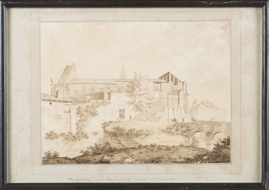 Artwork by Charles-Jacques Fieffé Montgey de Lièvreville, Vue pittoresque (sic) d'une des portes et de l'église principale de Saint-Emilion (picturesque view of one of the gates and the main church of Saint-Emilion) Pen and sepia wash drawing. Presented on its antique blue laid paper mount, Made of Pen and sepia wash
