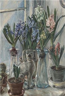 A window sill with hyacinths and a Stafforshire dog - Anna Maria Mehrn