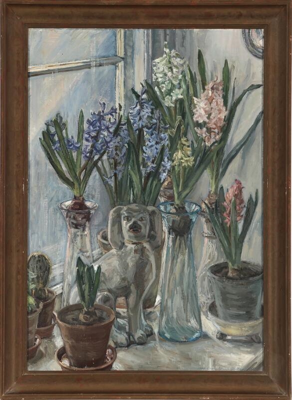 Artwork by Anna Maria Mehrn, A window sill with hyacinths and a Stafforshire dog, Made of Oil on canvas
