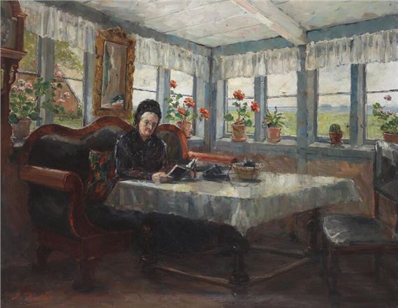 Interior with a reading woman with her knitting on the table by Amelie Ruths