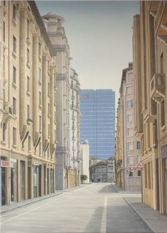 Hubert MUNIER Vue de lyon - le building de la société suisse rue waldeck rousseau Oil on canvas signed and dated December 18, 1990 on reverse 148 x 110 cm - Hubert Munier