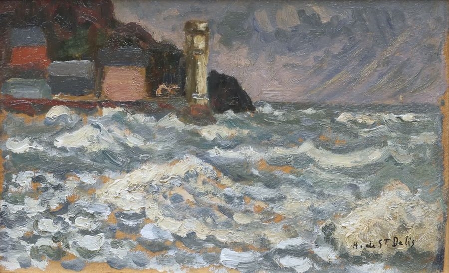 Artwork by Henri Liénard de Saint-Délis, Henri de Saint Delis 1878-1949 The lighthouse at the exit of Honfleur harbor Oil on card signed lower right 14 X 22 cm, Made of Oil on card
