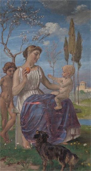 "Maternity Oil on canvas Signed lower right H 103 x W 56 cm Missing paint layer by Albert Lang