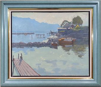 "Landscape with pontoon 1957 Oil on canvas Signed and dated (19)57 upper right H 50 x W 61 cm - Auguste Boehringer
