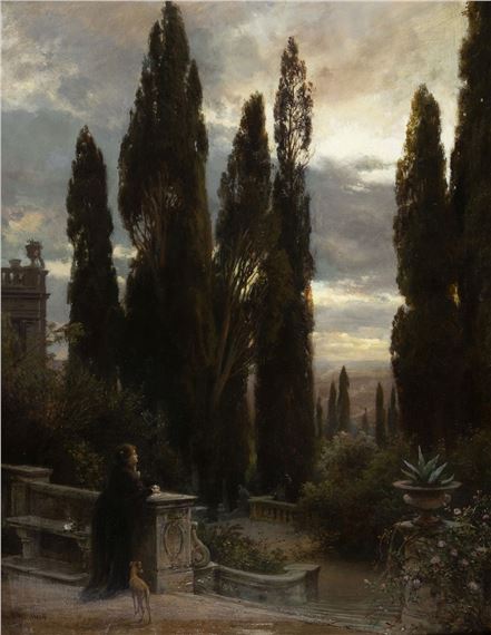 Frau im Park der Villa d'Este in Tivoli by Adolph Thomas‏, dat. 1859