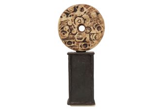 STUDIO POTTERY SCULPTURE, of disc form, moulded and impressed decoration of cogs - Jane Spencer