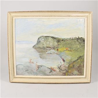 Norway. Solbadare vid vikm signerad. Oil on panel - Karsten Keiseraas