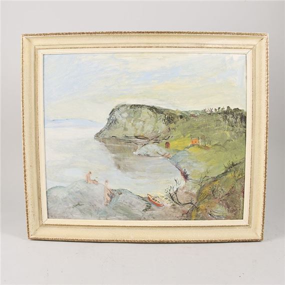 Norway. Solbadare vid vikm signerad. Oil on panel by Karsten Keiseraas, Mars 24