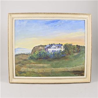 Norway. Hus vid kust. Signed. Oil on panel - Karsten Keiseraas