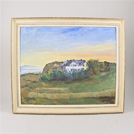 Norway. Hus vid kust. Signed. Oil on panel - Karsten Keiseraas