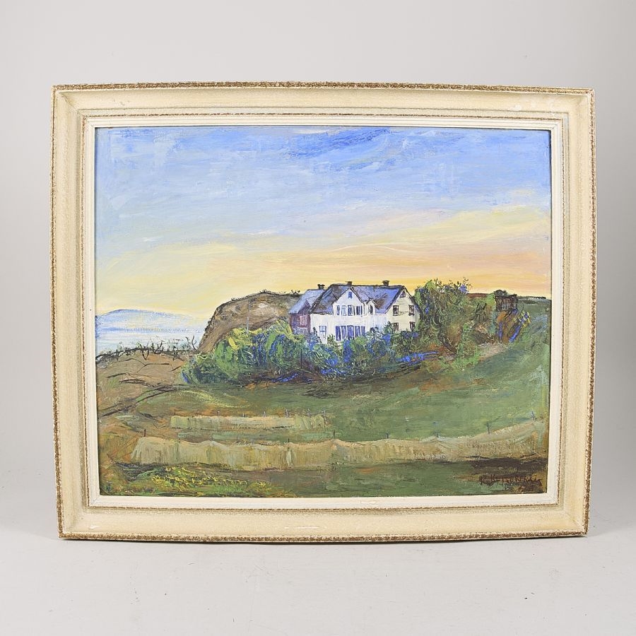 Artwork by Karsten Keiseraas, Norway. Hus vid kust. Signed. Oil on panel, Made of oil on panel