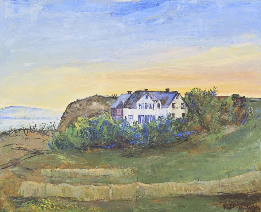 Artwork by Karsten Keiseraas, Norway. Hus vid kust. Signed. Oil on panel, Made of oil on panel