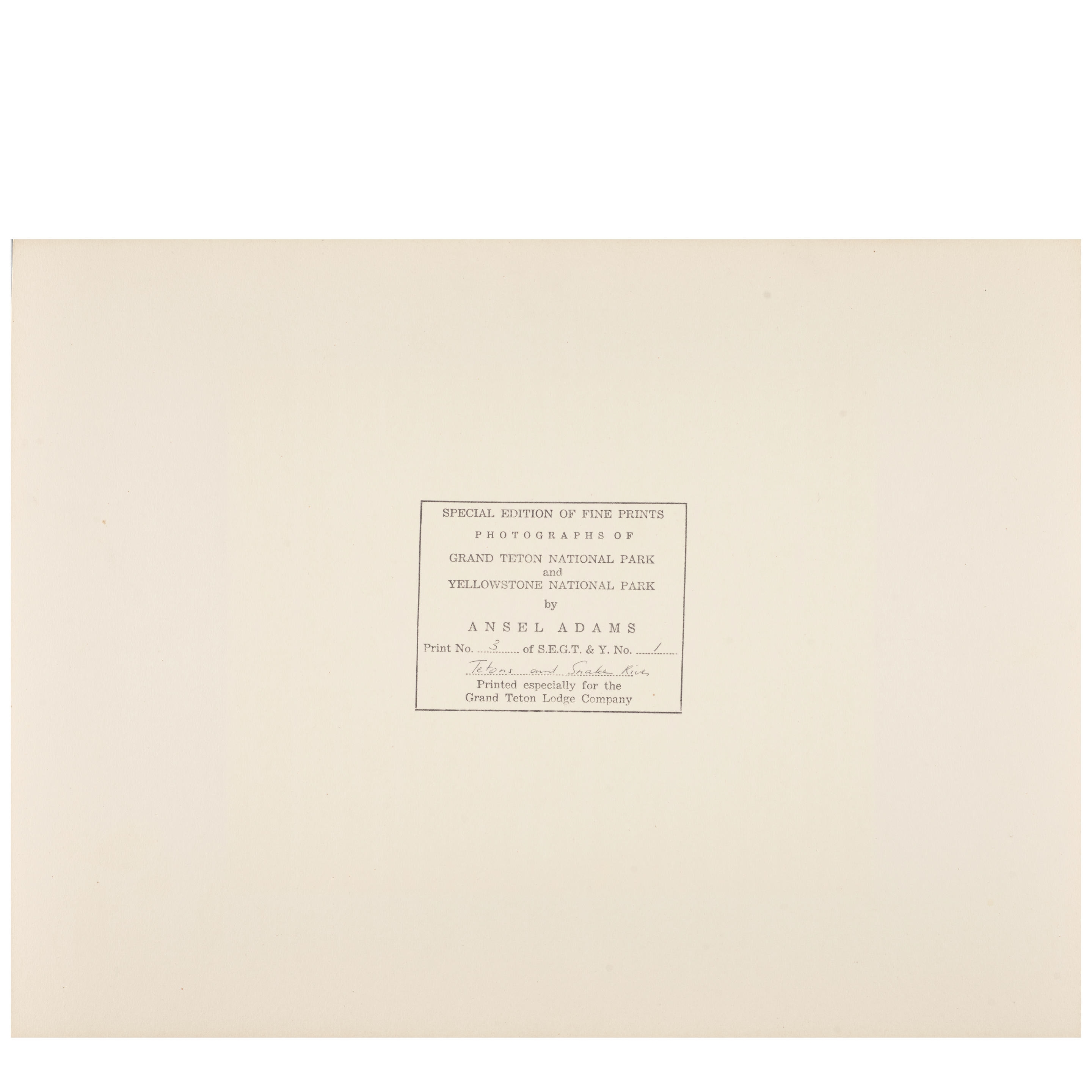 Artwork by Ansel Adams, 'Tetons and Snake River' (Grand Teton National Park, Wyoming), Made of gelatin silver contact print