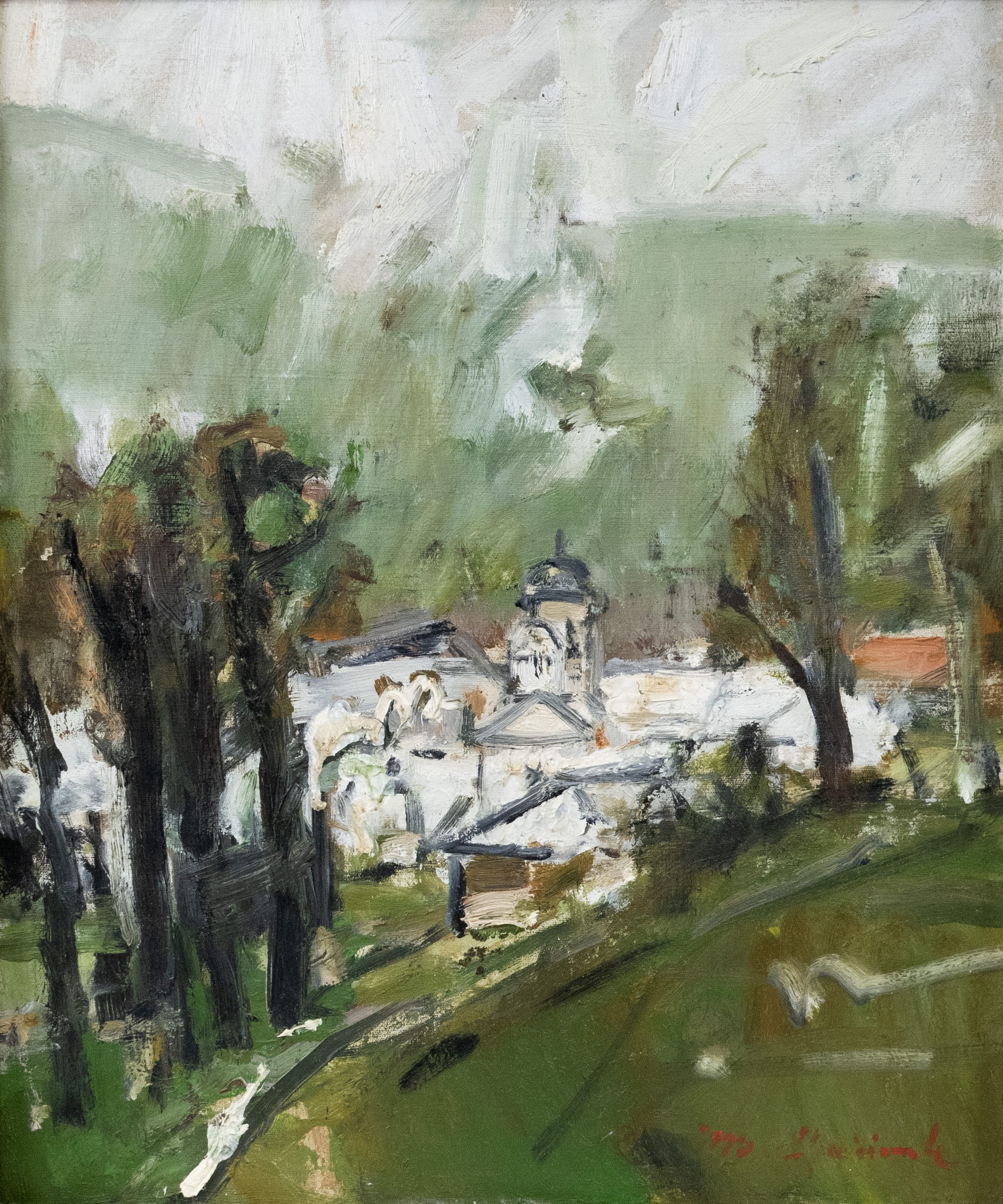 Artwork by Vasile Muresan, Lanscape with Frăsinei Monastry, Made of oil on canvas