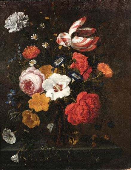 Bouquet of flowers on an entablature by Nicolaes van Veerendael