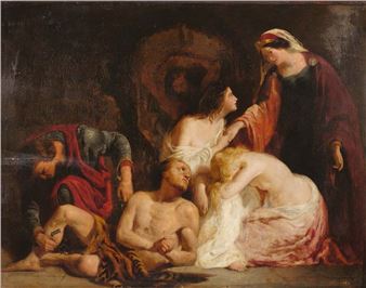 A dramatic classical painting depicting a group of figures in a dimly lit, mythological scene.