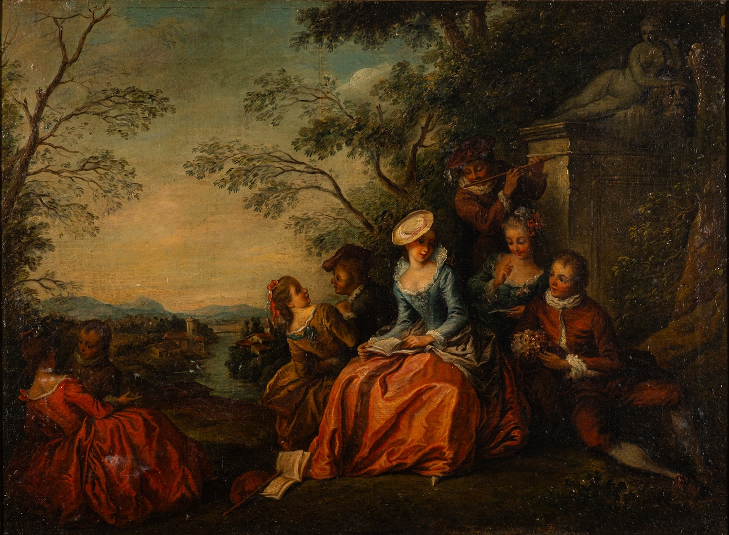 Artwork by Jean-Antoine Watteau, Fête champêtre, with river landscape unfolding beyond (possibly a representation of Fêtes Vénitiennes) -
Oil on canvas, Made of Oil on canvas